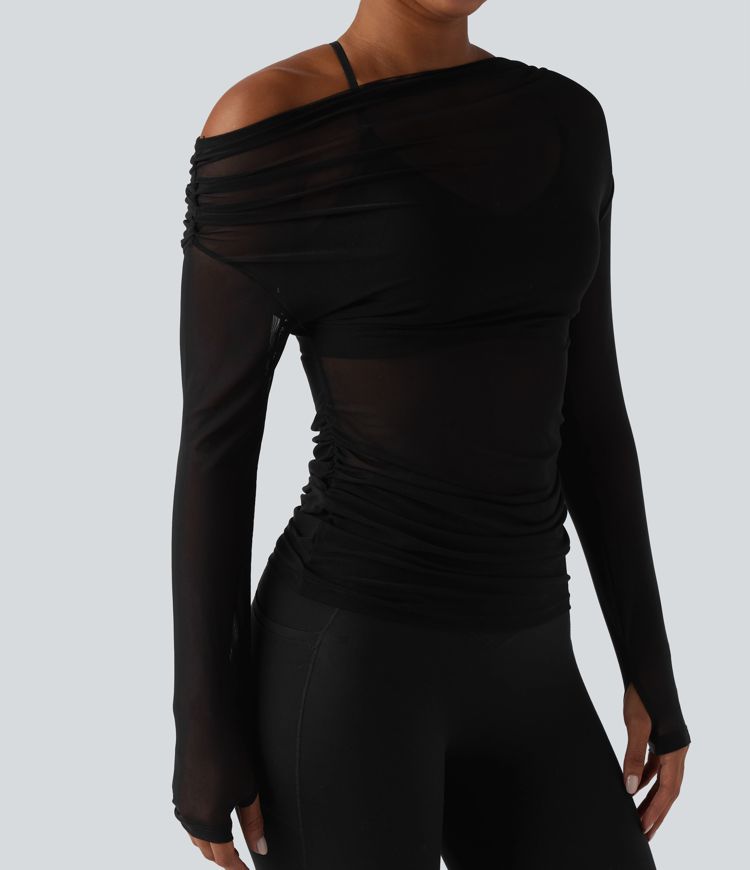 One Shoulder Long Sleeve Thumb Hole Mesh Yoga Sports Top