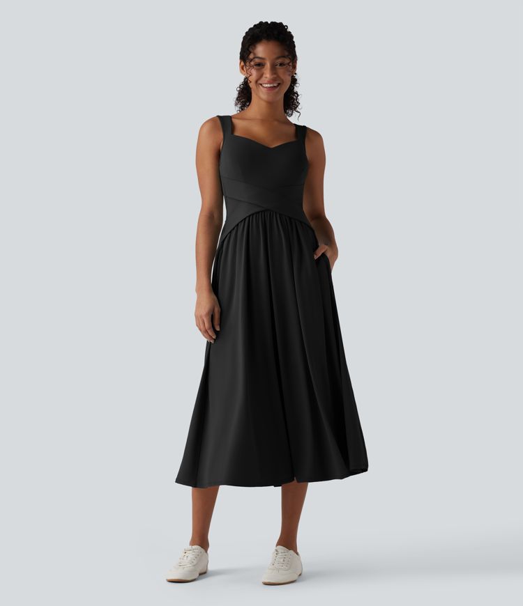 Robe décontractée midi fluide sans manches dos croisé ouvert avec poches