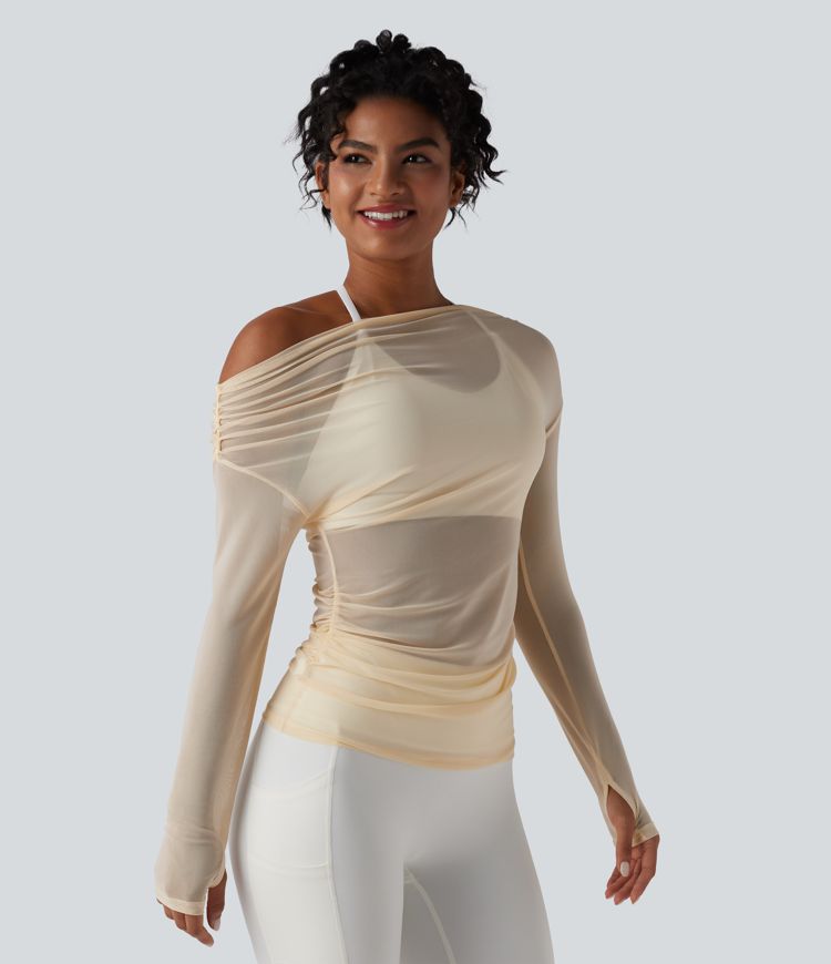 Yoga-Sport-Top mit langen Ärmeln, Daumenlöchern, Kontrastmesh und One-Shoulder-Design