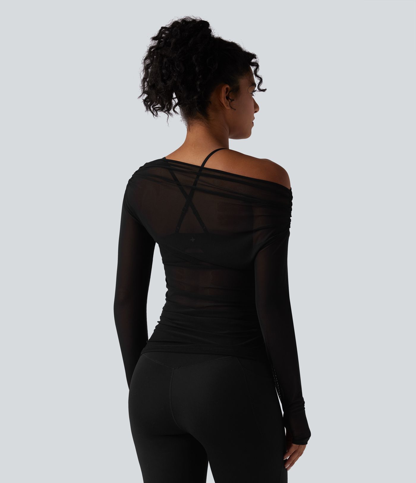 One Shoulder Long Sleeve Thumb Hole Mesh Yoga Sports Top