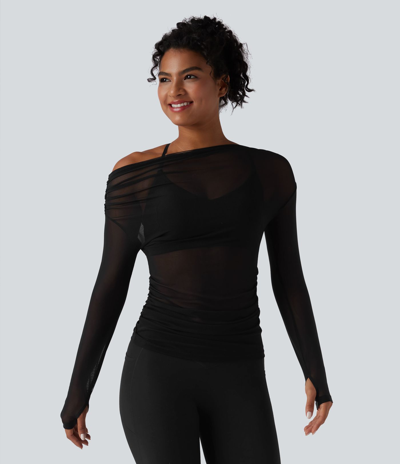One Shoulder Long Sleeve Thumb Hole Mesh Yoga Sports Top