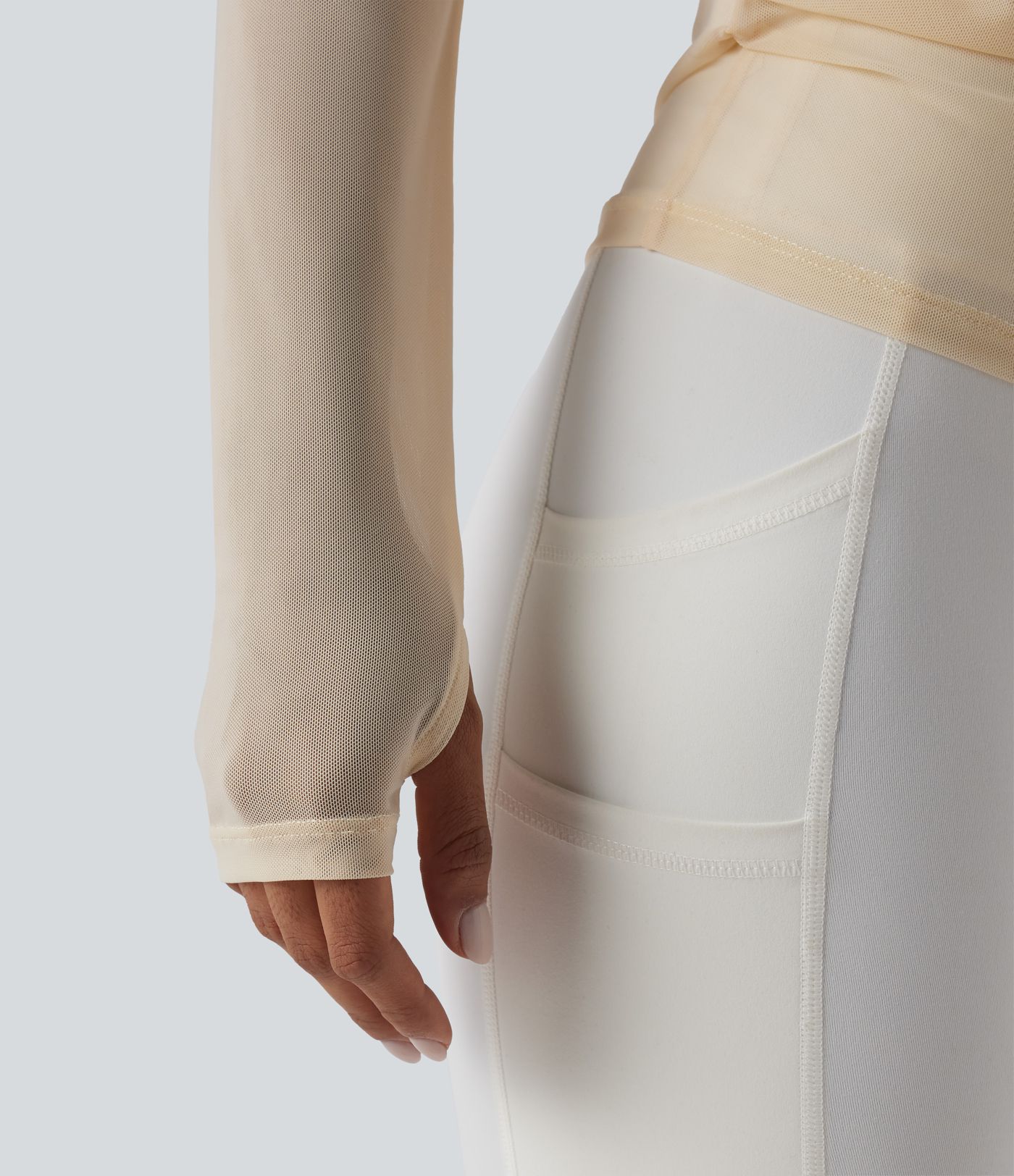 Yoga-Sport-Top mit langen Ärmeln, Daumenlöchern, Kontrastmesh und One-Shoulder-Design