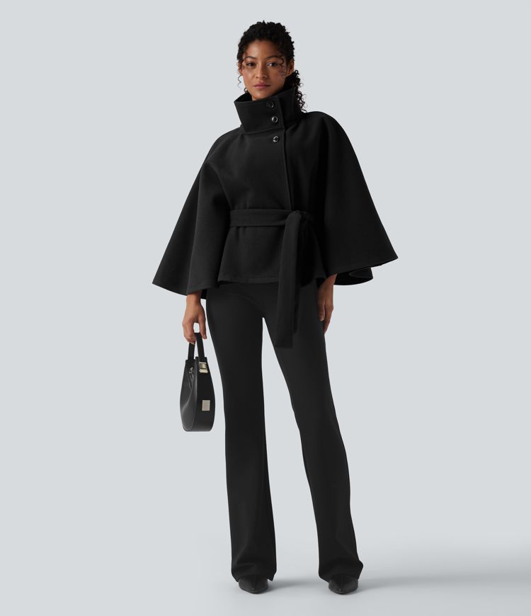 High-neck Long Sleeve Belted Work Cape Coat