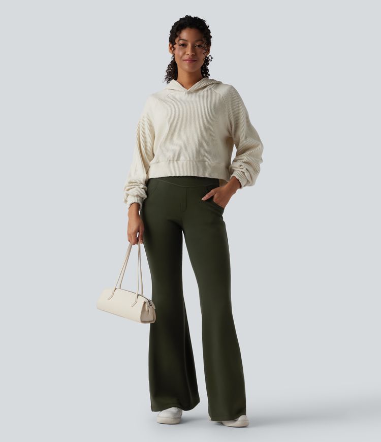 High Waisted Casual Flare Trousers with Pockets