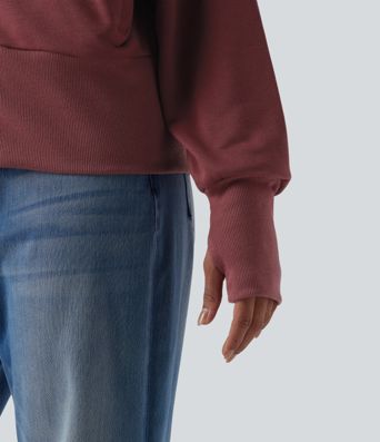Hooded Drawstring Zipper Long Sleeve Thumb Hole Casual Sweatshirt with Pockets
