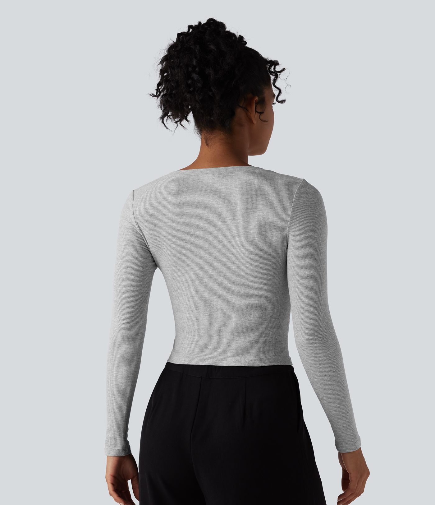 Ribbed Knit V Neck Long Sleeve Cropped Work T-Shirt