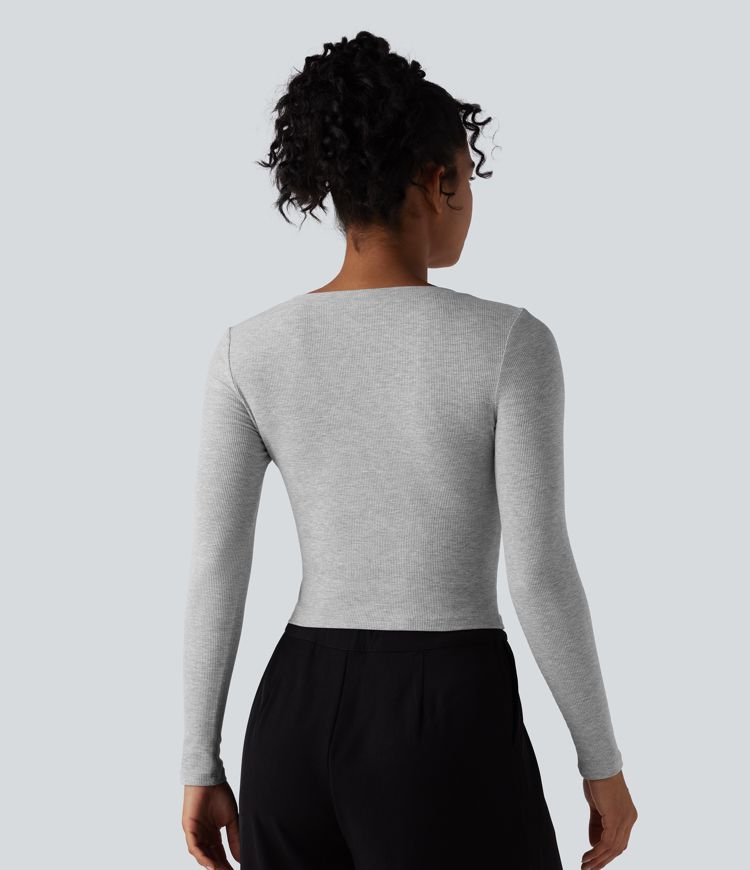 Ribbed Knit V Neck Long Sleeve Cropped Work T-Shirt