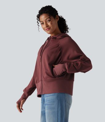 Hooded Drawstring Zipper Long Sleeve Thumb Hole Casual Sweatshirt with Pockets