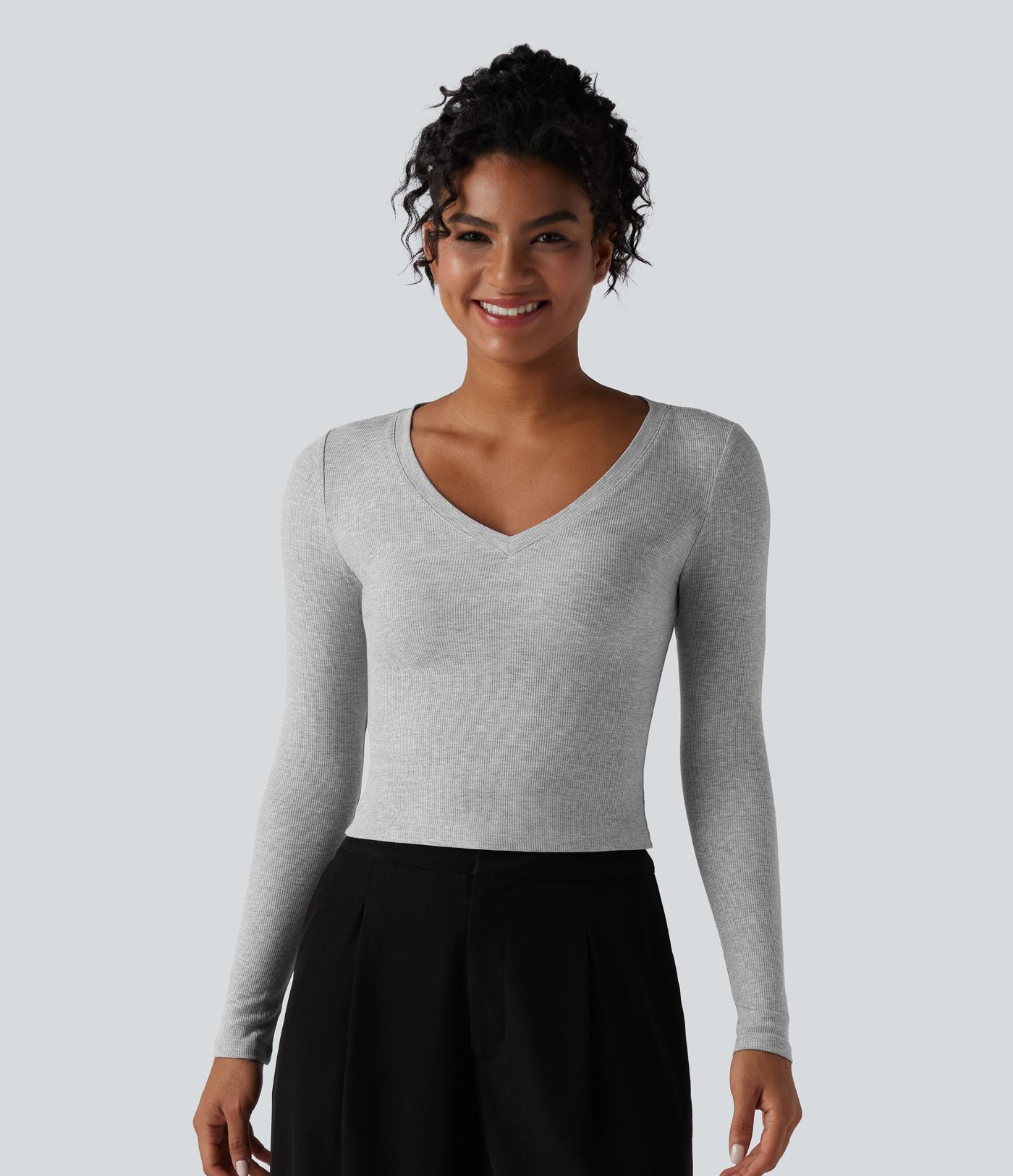 Ribbed Knit V Neck Long Sleeve Cropped Work T-Shirt