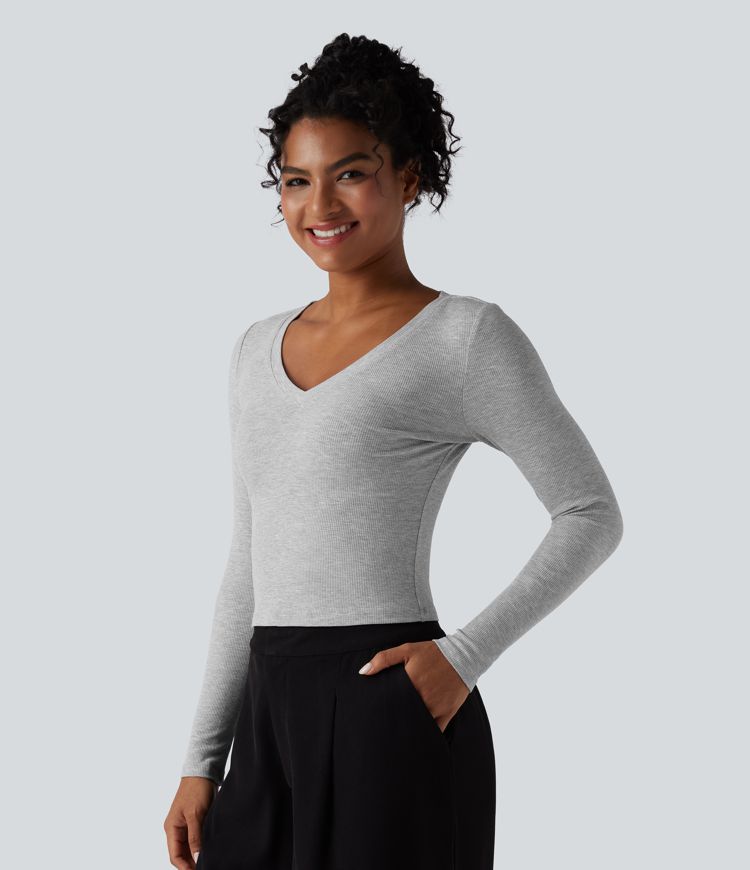 Ribbed Knit V Neck Long Sleeve Cropped Work T-Shirt