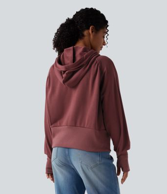 Hooded Drawstring Zipper Long Sleeve Thumb Hole Casual Sweatshirt with Pockets