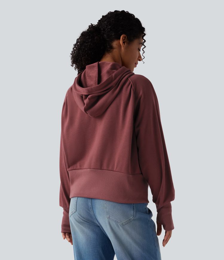 Hooded Drawstring Zipper Long Sleeve Thumb Hole Casual Sweatshirt with Pockets