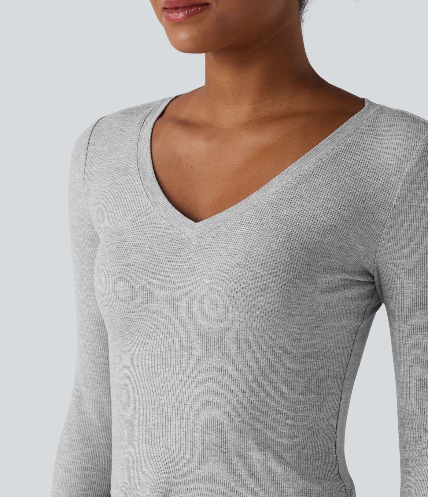 Ribbed Knit V Neck Long Sleeve Cropped Work T-Shirt