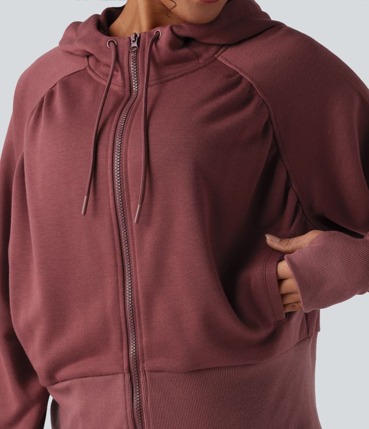 Hooded Drawstring Zipper Long Sleeve Thumb Hole Casual Sweatshirt with Pockets