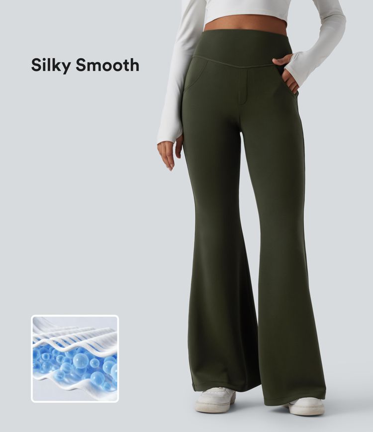 High Waisted Casual Flare Trousers with Pockets