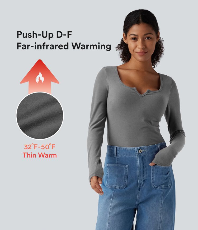 Push-Up Notched Long Sleeve Casual Warming T-Shirt-D/DD/DDD/F Cups
