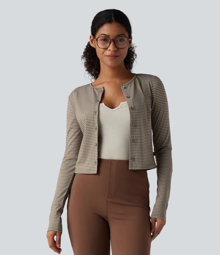 Sandstone Beige Round Neck Long Sleeve Button Fly Stripes Work Top / 1