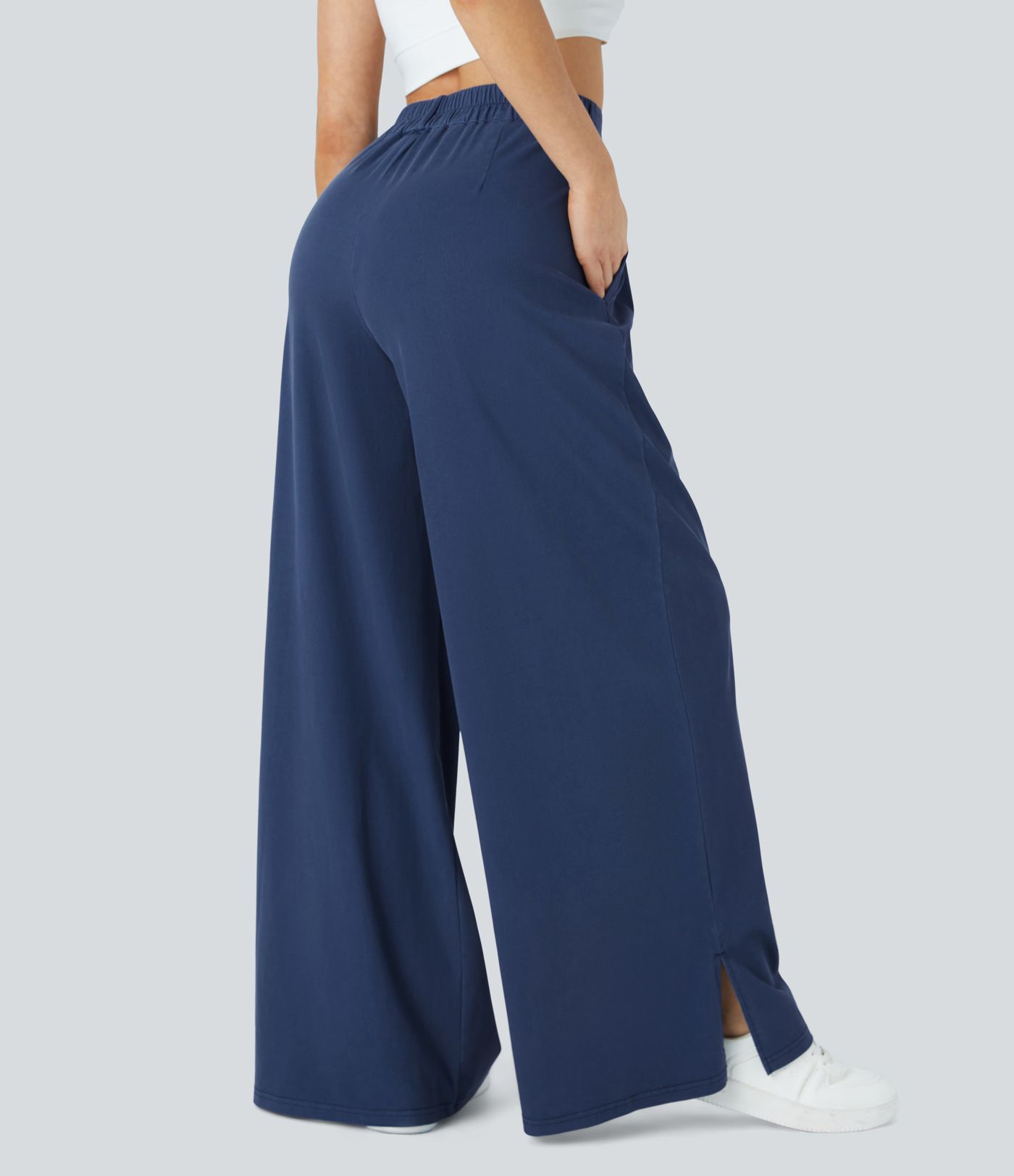 High Waisted Zipper Pocket Hem Wide Leg Casual Pants