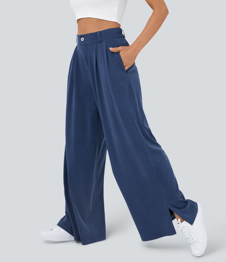 High Waisted Button Zipper Side Pocket Split Hem Wide Leg Casual Trousers