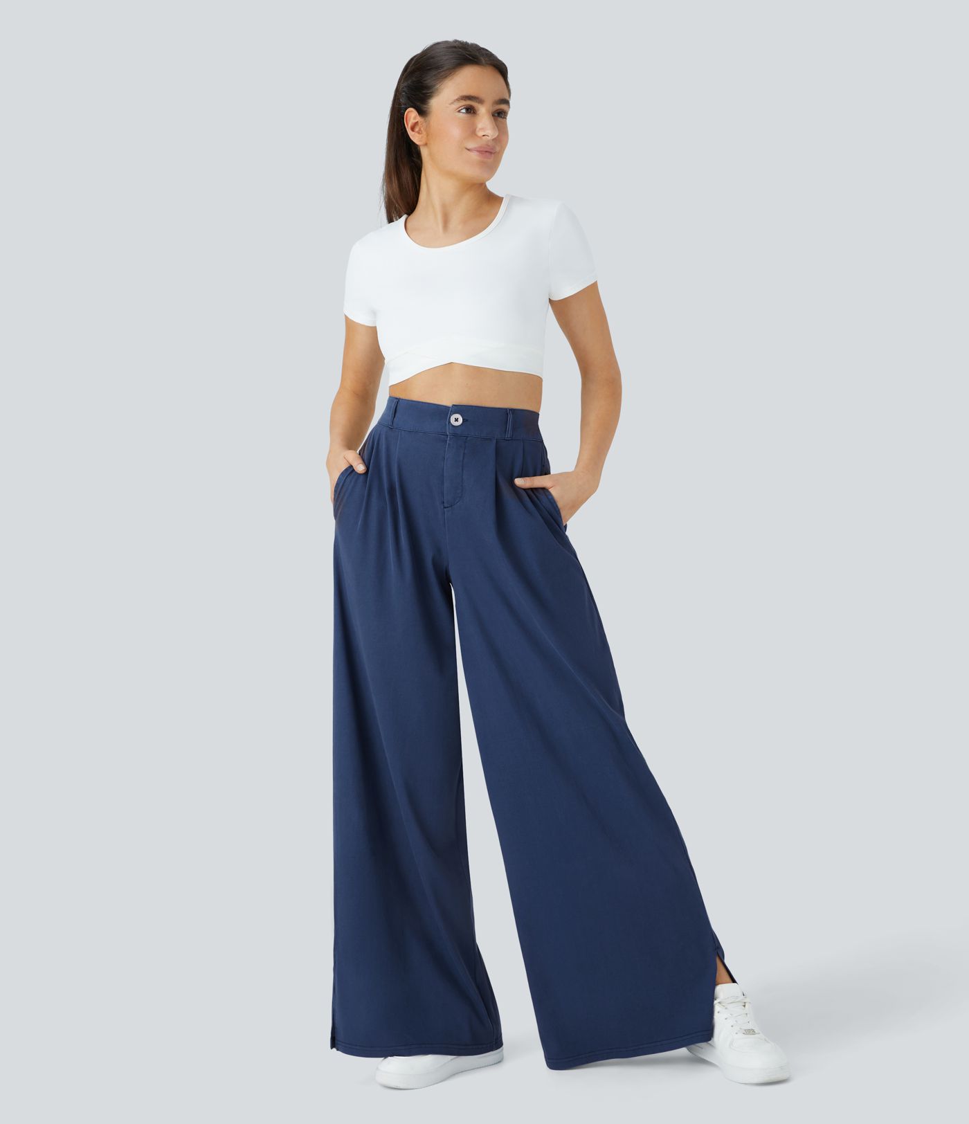 High Waisted Zipper Pocket Hem Wide Leg Casual Pants