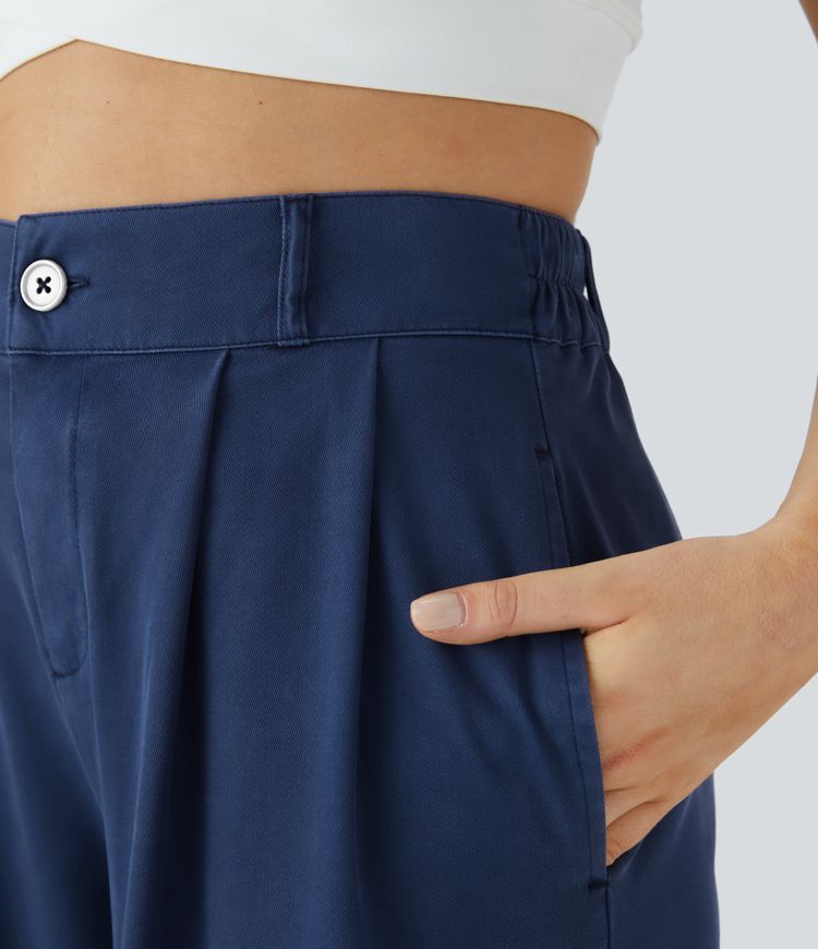 High Waisted Button Zipper Side Pocket Split Hem Wide Leg Casual Trousers