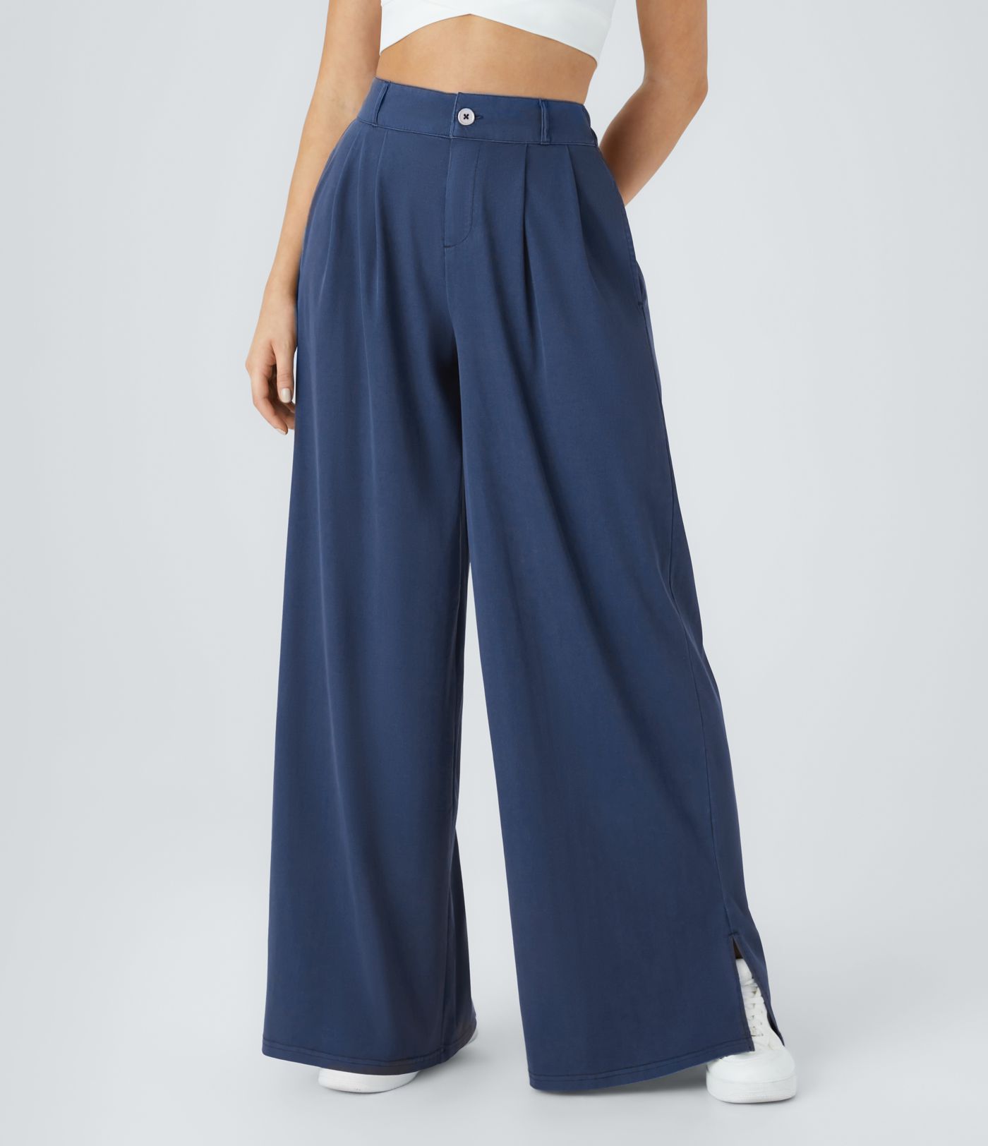 High Waisted Zipper Pocket Hem Wide Leg Casual Pants