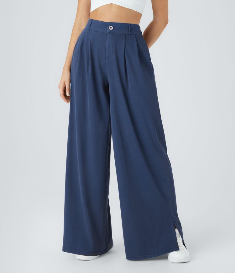 High Waisted Button Zipper Side Pocket Split Hem Wide Leg Casual Trousers