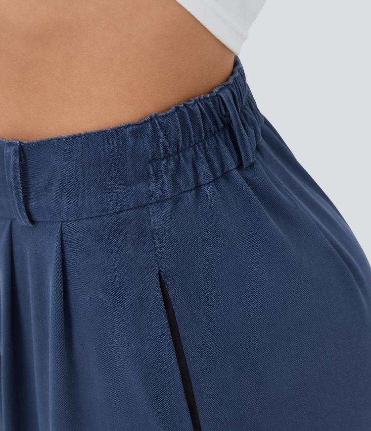 High Waisted Button Zipper Side Pocket Split Hem Wide Leg Casual Trousers