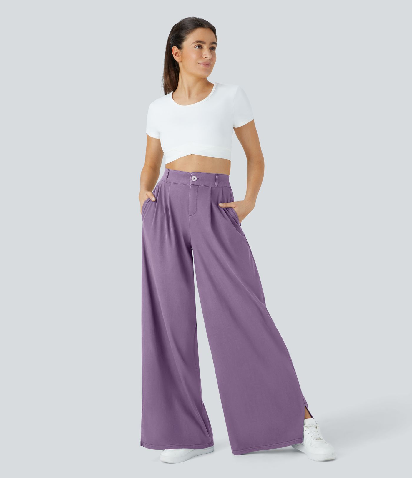 Pantalón ancho tiro alto plisado bolsillo lateral dobladillo dividido cremallera botón