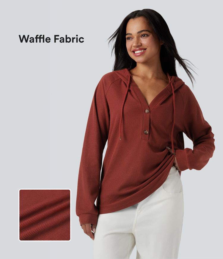 Hooded Henley Long Sleeve Waffle Casual Top