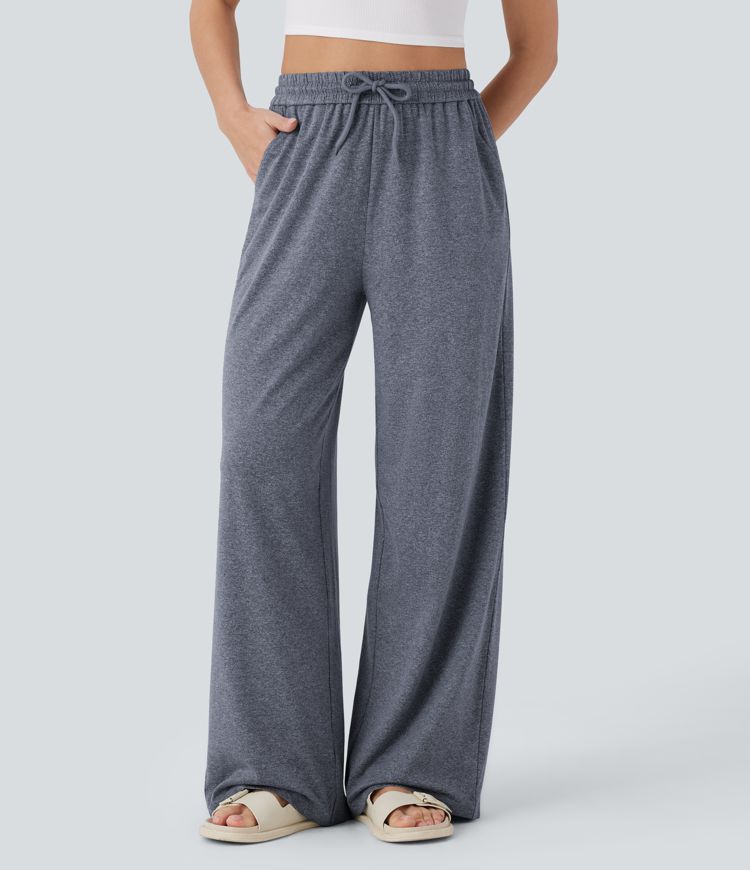 High Waisted Drawstring Pocket Wide Leg Casual Pants