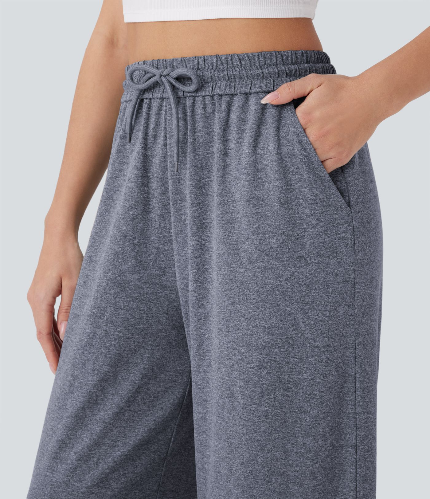 High Waisted Drawstring Pocket Wide Leg Casual Pants