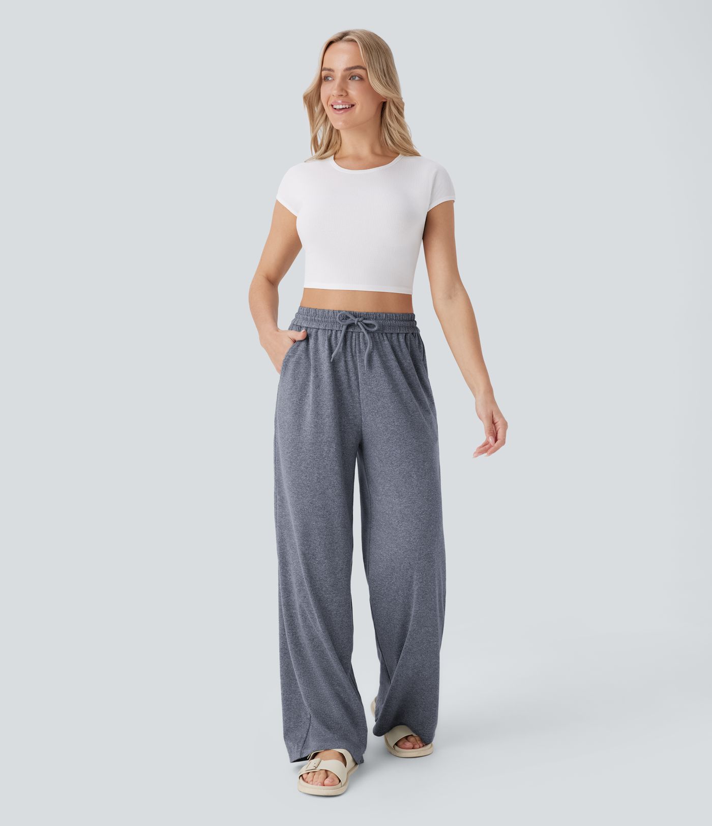 High Waisted Drawstring Pocket Wide Leg Casual Pants