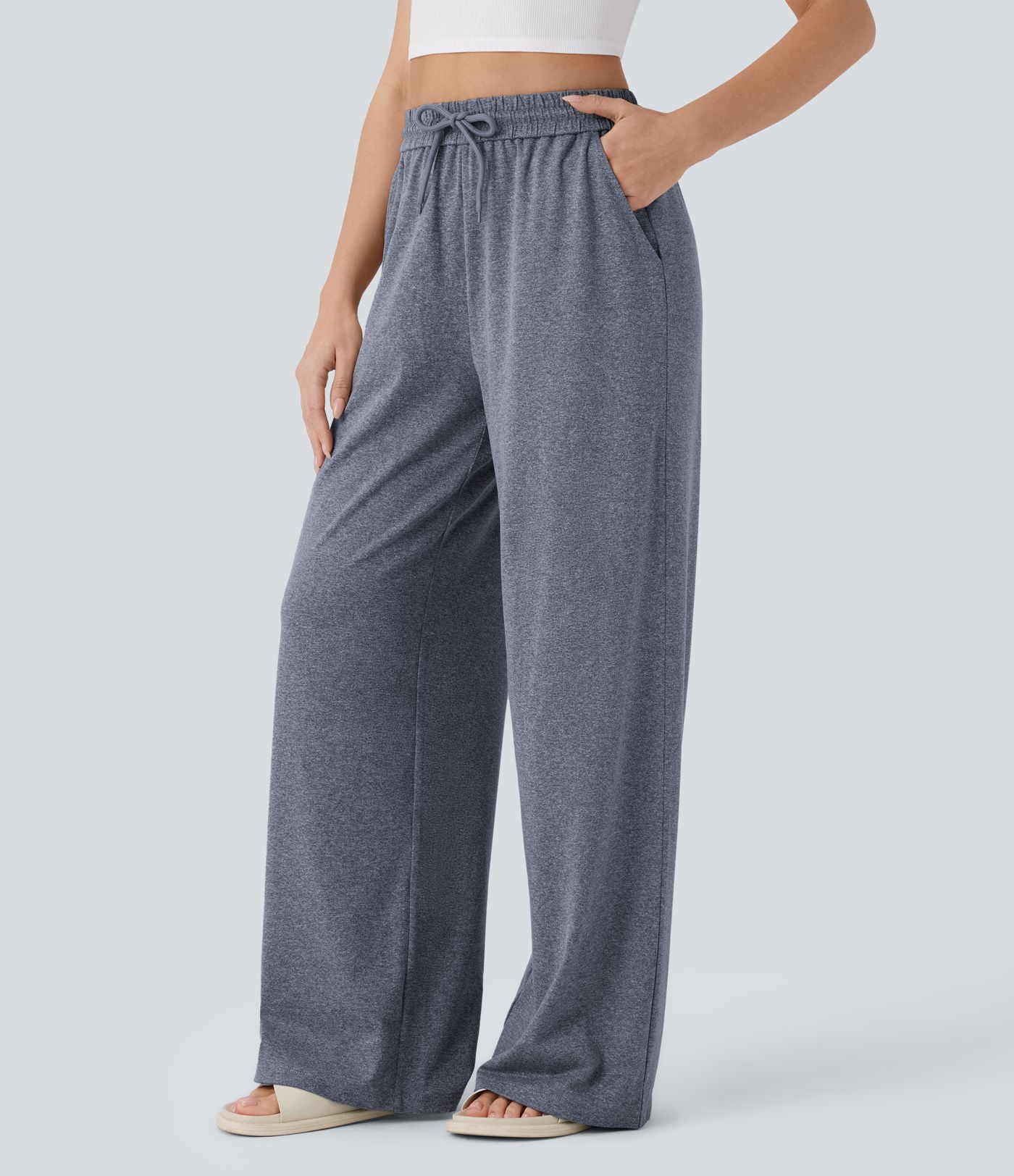 High Waisted Drawstring Pocket Wide Leg Casual Pants