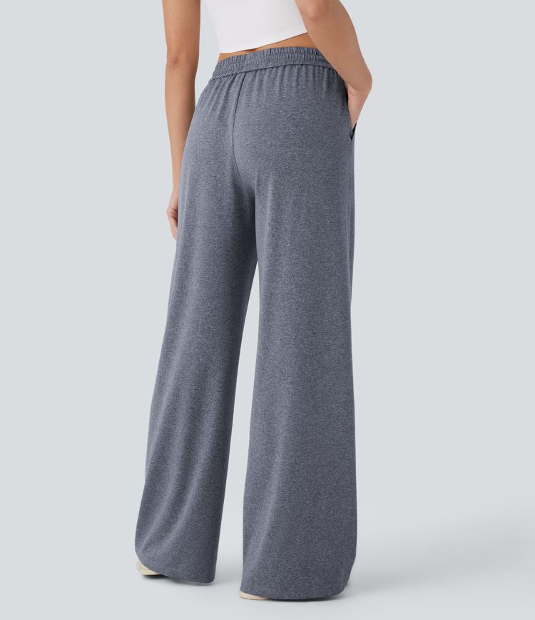 High Waisted Drawstring Pocket Wide Leg Casual Pants