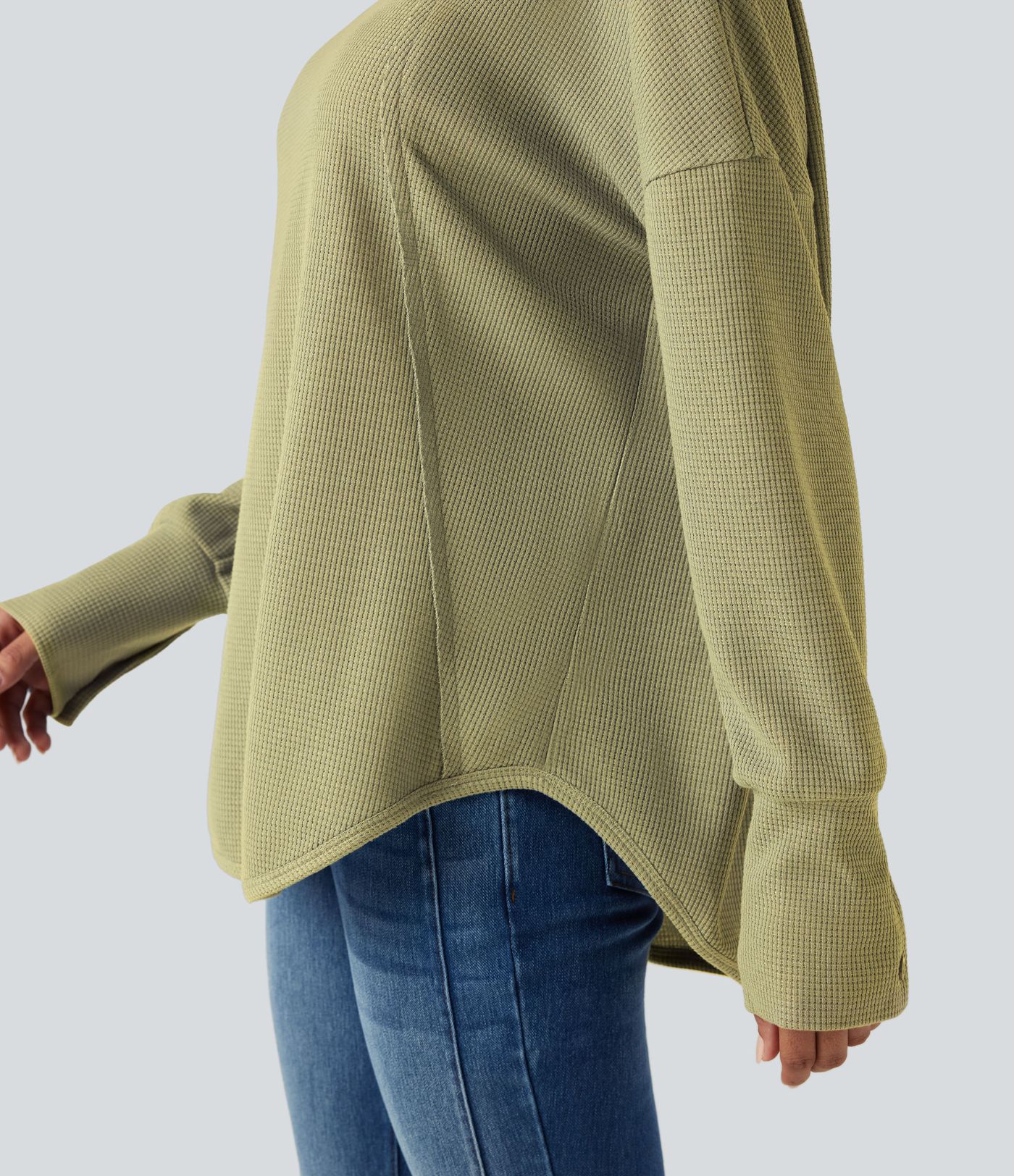 Top gaufré décontracté col échancré manches longues ourlet arrondi coupe décontractée