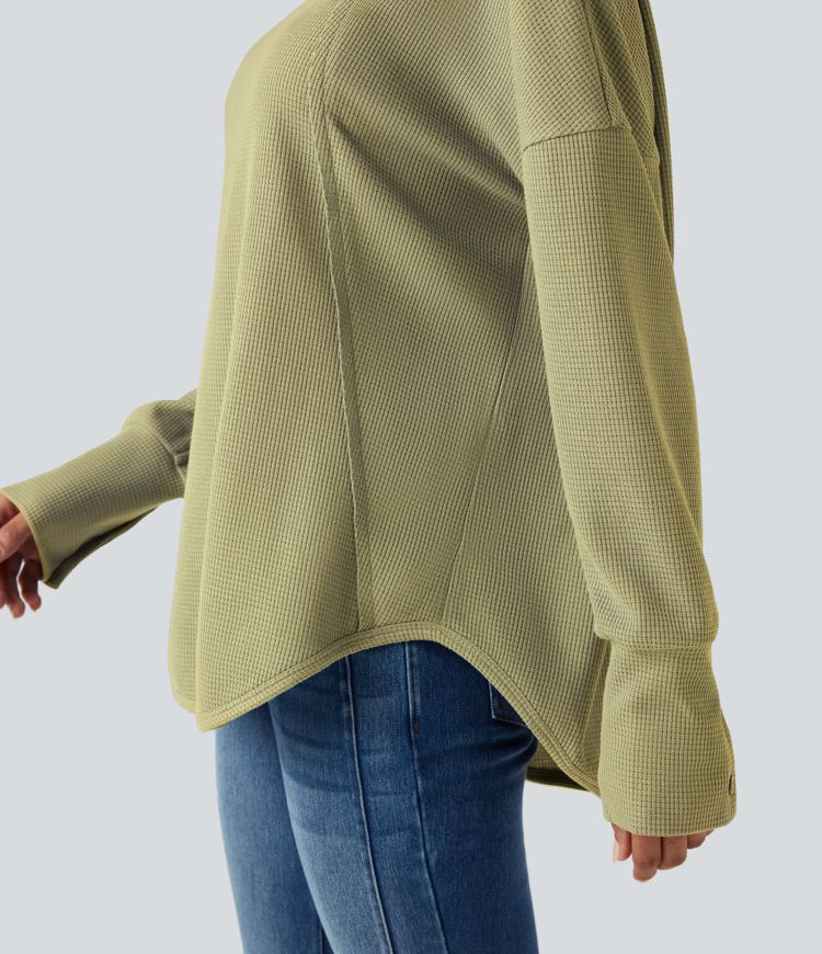 Top gaufré décontracté col échancré manches longues ourlet arrondi coupe décontractée