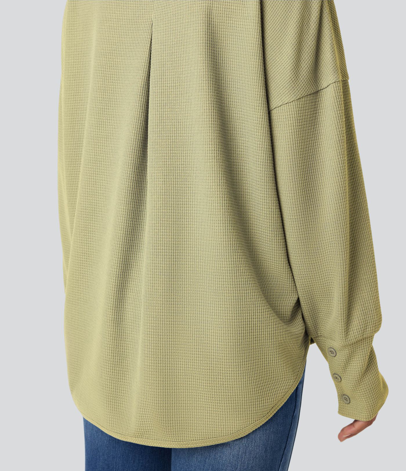 Top gaufré décontracté col échancré manches longues ourlet arrondi coupe décontractée