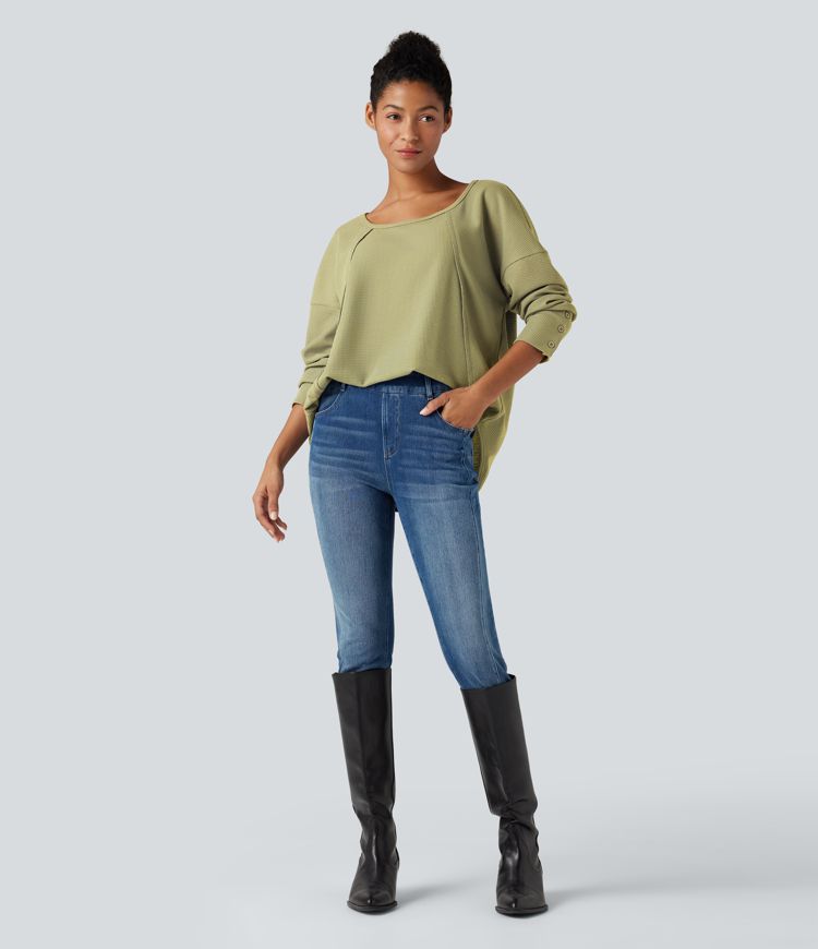 Top gaufré décontracté col échancré manches longues ourlet arrondi coupe décontractée