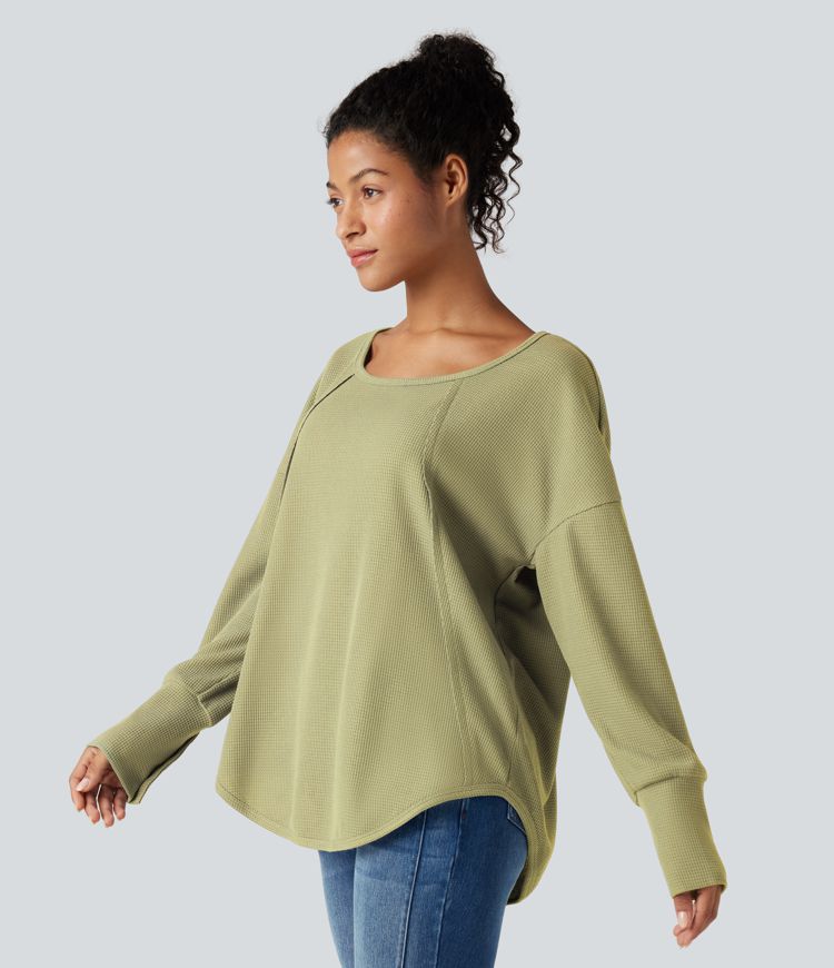 Top gaufré décontracté col échancré manches longues ourlet arrondi coupe décontractée