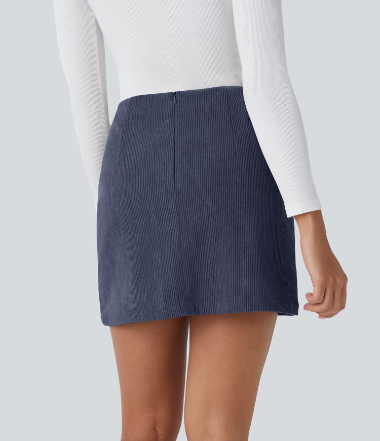 High Waisted Invisible Zipper 2-in-1 A Line Mini Corduroy Casual Skirt-Longer Length