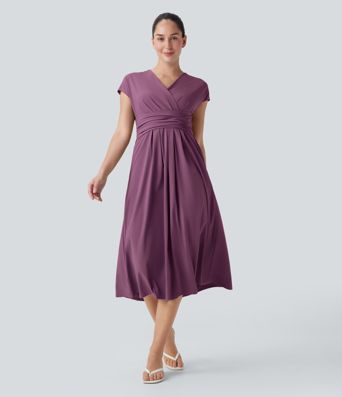 Breezeful™ V Neck Short Sleeve Side Pocket Tie Back Quick Dry Midi Casual Dress