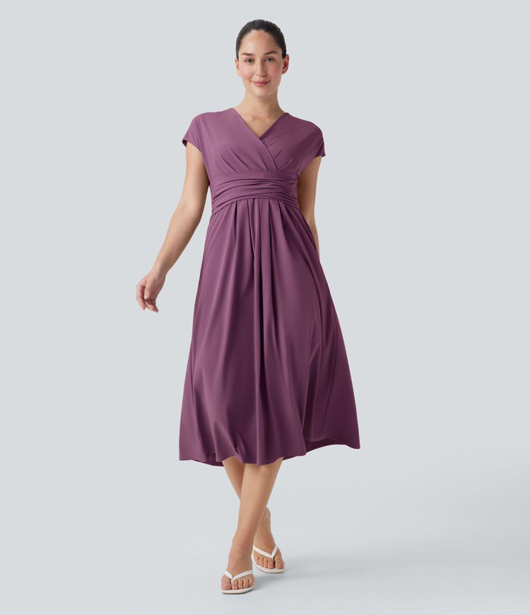 Breezeful™ V Neck Short Sleeve Side Pocket Tie Back Quick Dry Midi Casual Dress