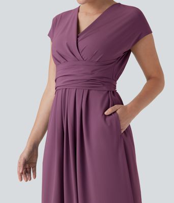 Breezeful™ V Neck Short Sleeve Side Pocket Tie Back Quick Dry Midi Casual Dress