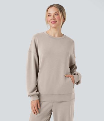 SpacerTek™ Round Neck Long Sleeve Crossover Back Casual Sweatshirt with Pockets
