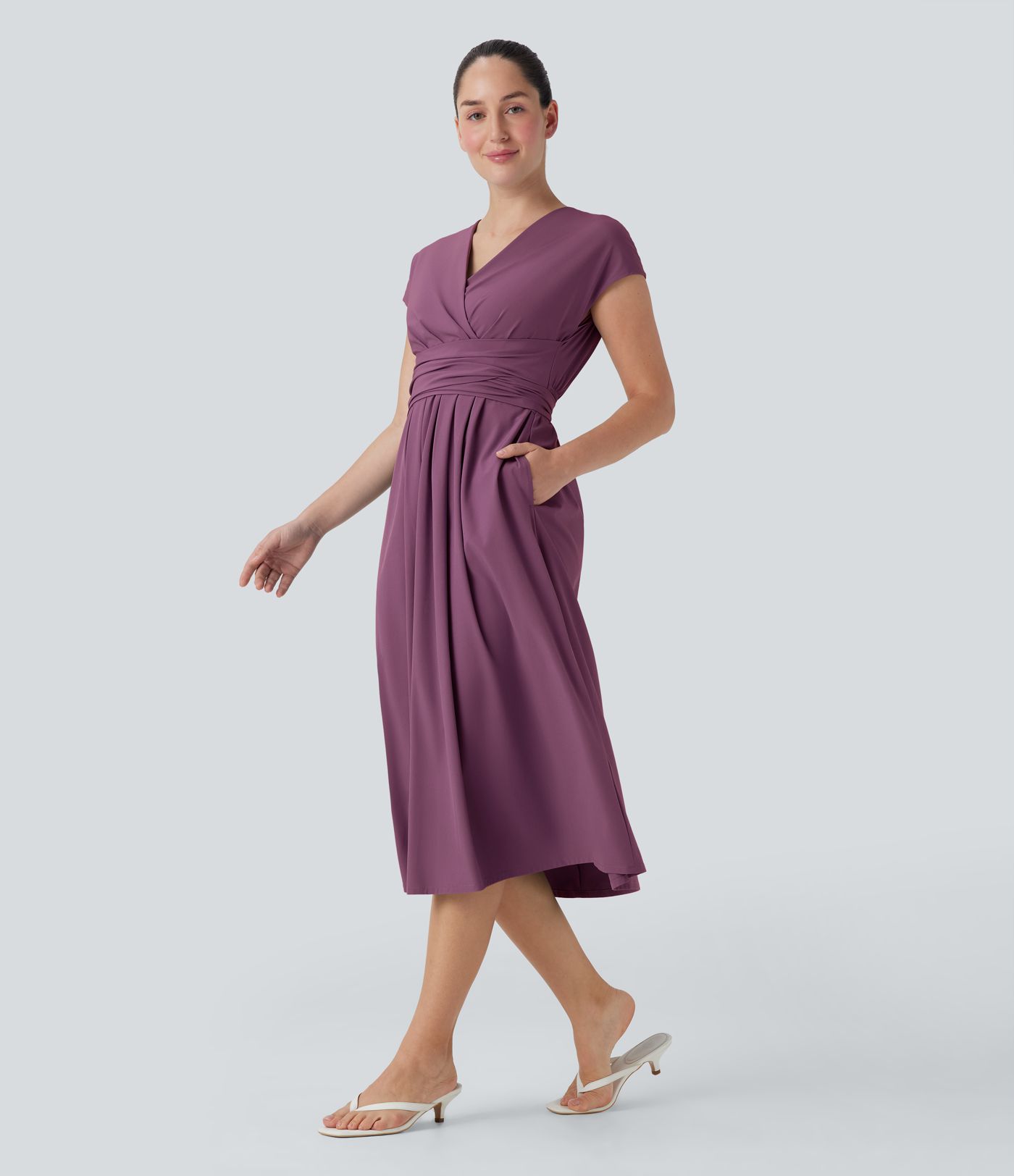 Breezeful™ V Neck Short Sleeve Side Pocket Tie Back Quick Dry Midi Casual Dress