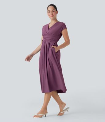 Breezeful™ V Neck Short Sleeve Side Pocket Tie Back Quick Dry Midi Casual Dress