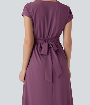 Breezeful™ V Neck Short Sleeve Side Pocket Tie Back Quick Dry Midi Casual Dress