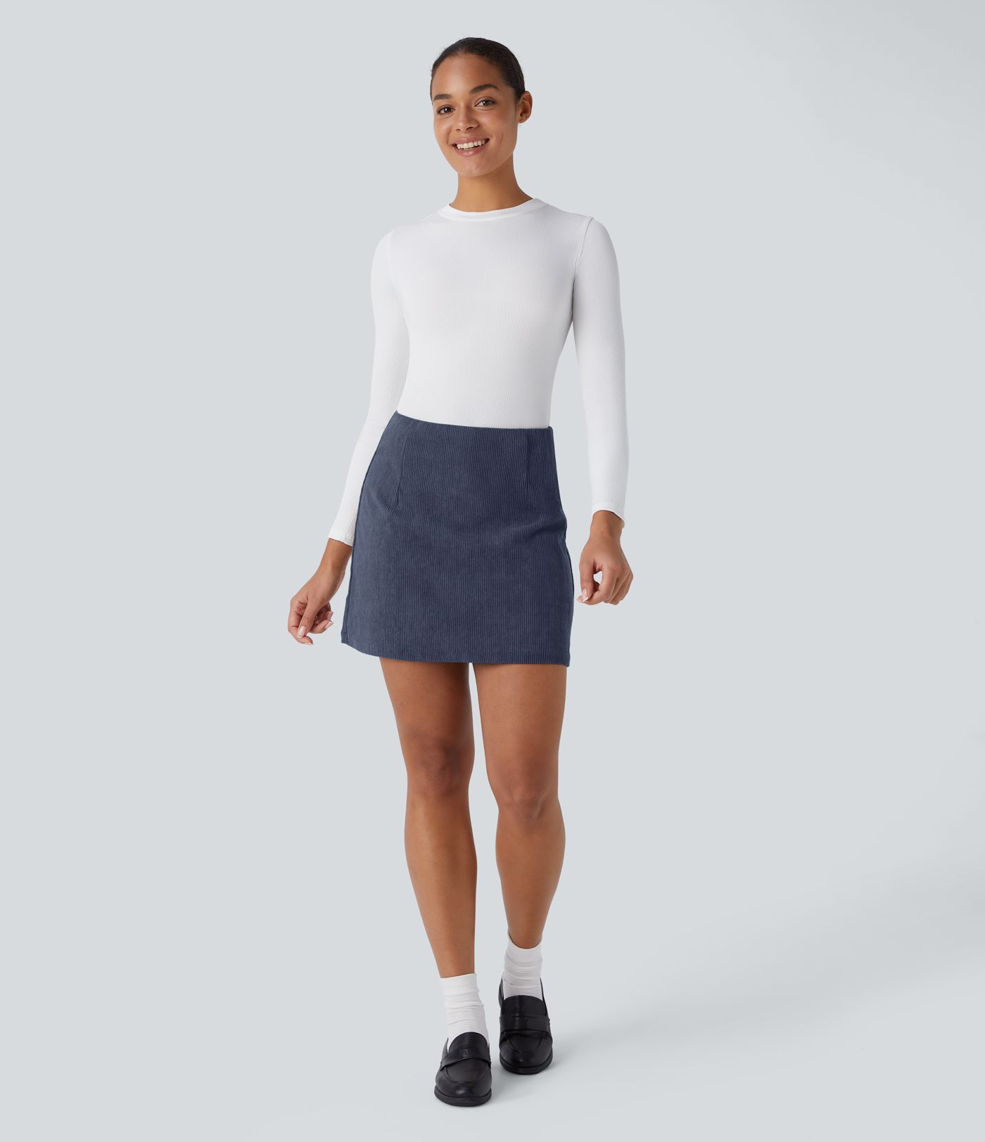 High Waisted Invisible Zipper 2-in-1 A Line Mini Corduroy Casual Skirt-Longer Length