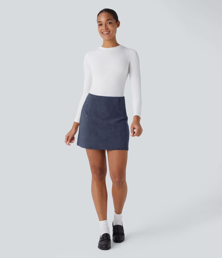 High Waisted Invisible Zipper 2-in-1 A Line Mini Corduroy Casual Skirt-Longer Length